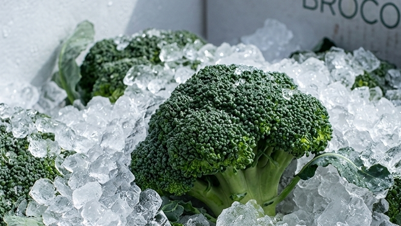 Brocoli asiatico cortado con hielo